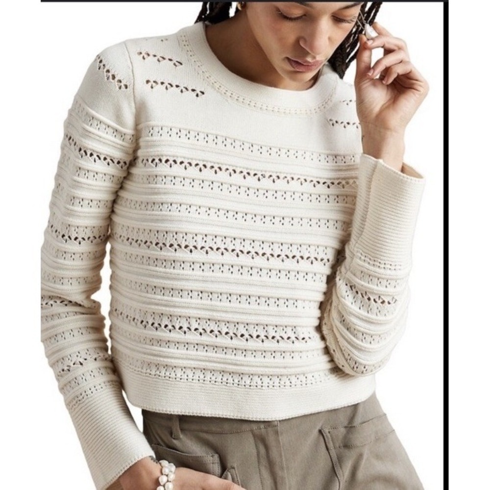 La Linge Womens L Cream Pointelle Open Knit Lightweight Cashmere Cotton Sweater